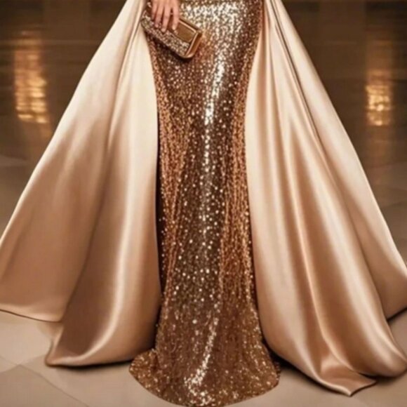 Chiclody Formal Evening Sequin Dress Champagne Slip Satin Train Gown - Picture 2 of 9